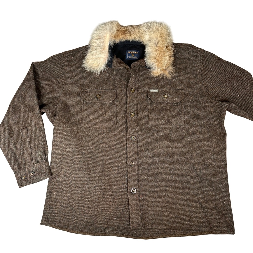 Woolrich Mens Brown Green Wool Blend Fur Collar Button Down Shirt Jacket Shacket